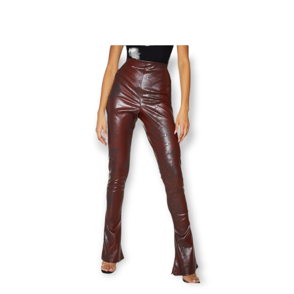 Pretty little thing TALL LONG choc snake faux leather kick flare skinny pants